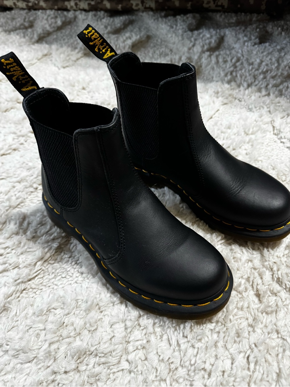 Dr. Martens Black Leather Chelsea Boots with Yellow Stitching